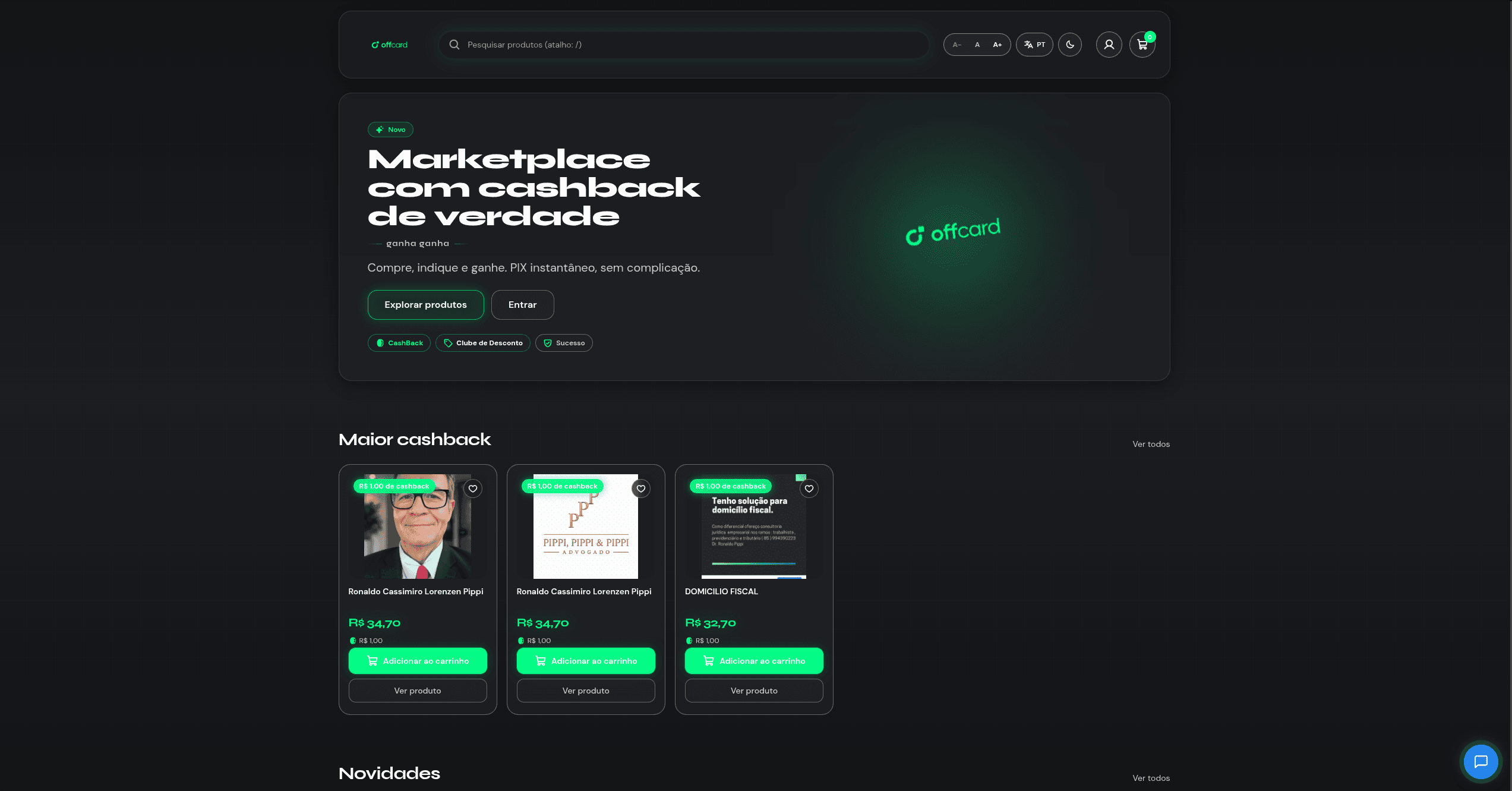 Página pública do marketplace Offcard, com sua apresentação e acesso aos produtos.
