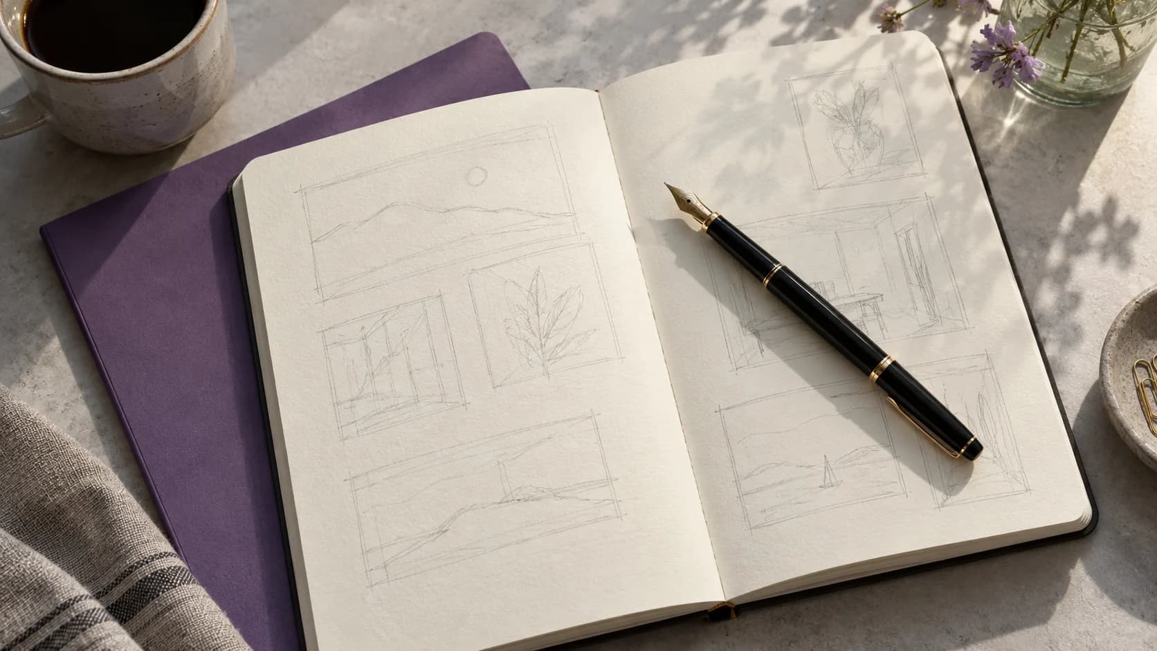 Caderno de planejamento com caneta e uma pasta violeta